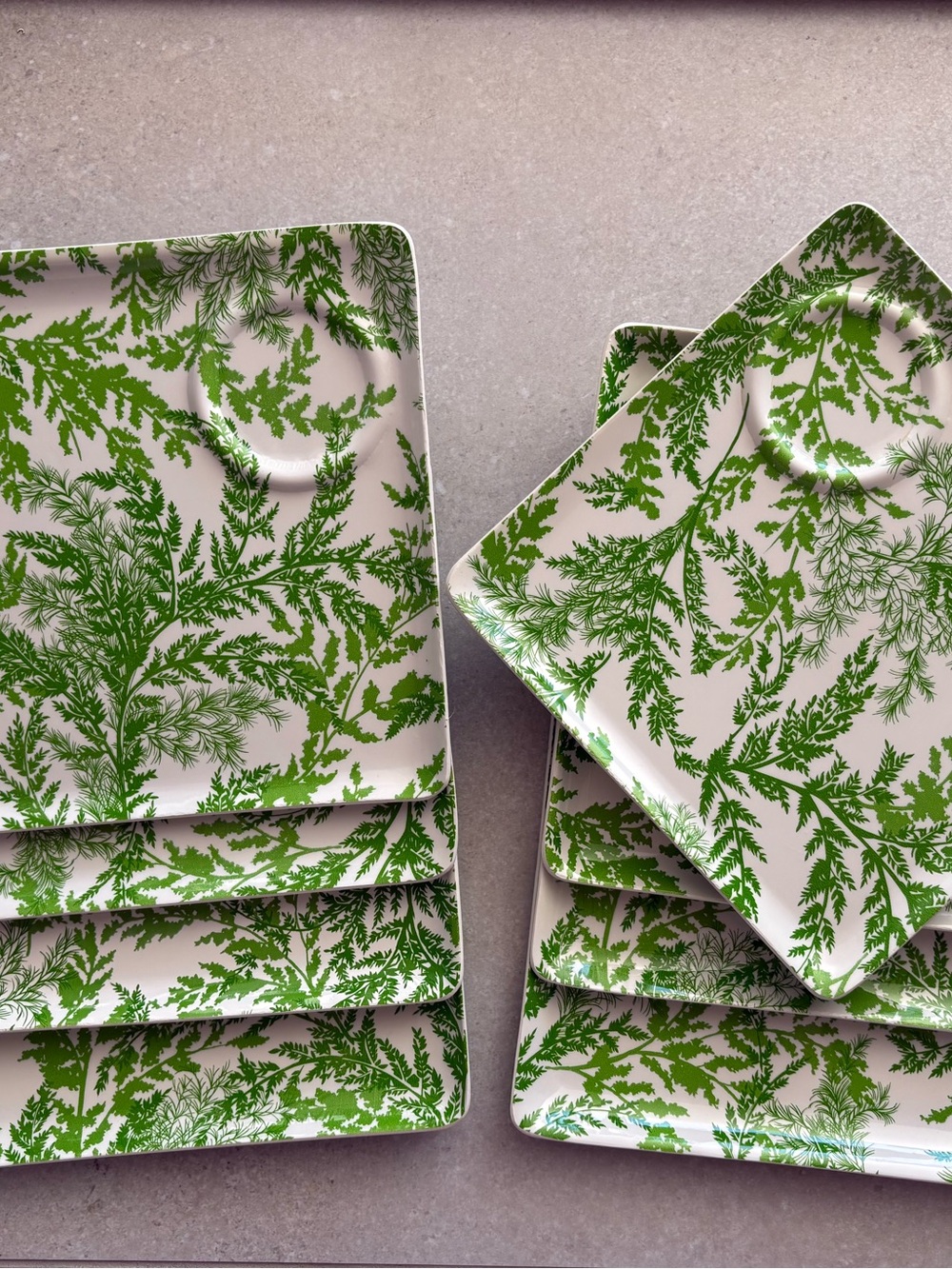 Preppy Set of 8 Green Fern Botanical Melamine 1970s Snack Trays 9¼” Square